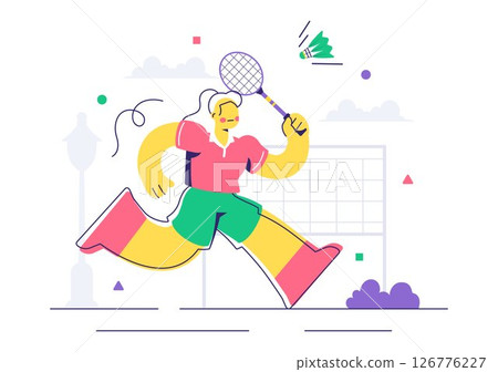 Vector Illustration of a Badminton Player Featuring a Shuttlecock and Racket on the Court, Competing in the Sport as a Leisure Activity Background Vector Illustration of a Badminton Player Featuring a Shuttlecock and Racket on the Court, Competing in the Sport as a Leisure Activity Background 126776227