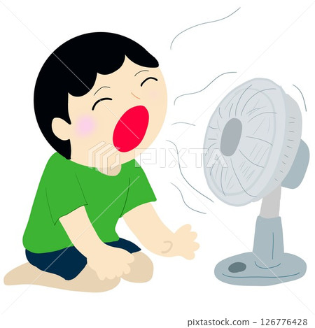 A child making an "Ahhhh" sound in front of a fan 126776428