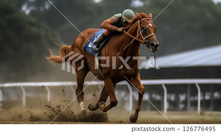Dynamic Racehorse Galloping on Dirt Track with Jockey Focused on Winning 126776495