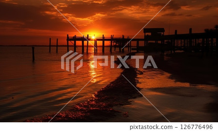 Scenic Sunset Over Wooden Pier Reflecting on Calm Ocean Waters 126776496