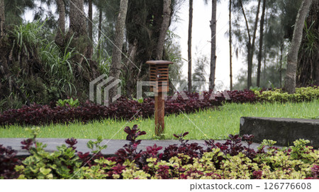 Wooden Garden Lantern Surrounded by Colorful Foliage and Lush Green Grass in a Peaceful Forest Setting 126776608
