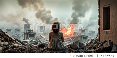 Child sit and gaze at war-torn buildings with deep sorrow. The concept of war devastation, loss, and the impact of conflict on innocent lives. Generative AI. 126776625
