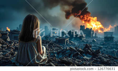 Child sit and gaze at war-torn buildings with deep sorrow. The concept of war devastation, loss, and the impact of conflict on innocent lives. Generative AI. 126776631