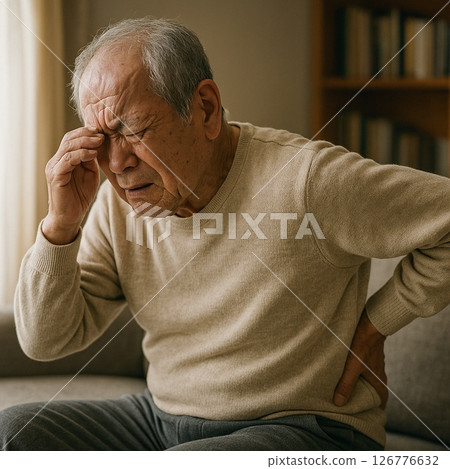 Realistic stock photos depicting the back pain and blurred vision of an elderly person Realistic stock photos depicting the back pain and blurred vision of an elderly person 126776632