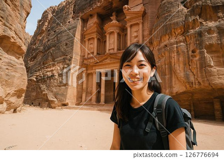 一位美麗的日本女人參觀神秘古城佩特拉的微笑 126776694