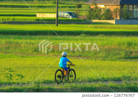 A boy riding a bicycle on a summer evening 126776767