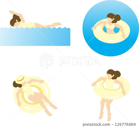Isometric people, women, sea, pool, swimsuit, swimming, summer, sports, leisure, illustration material set 126776869