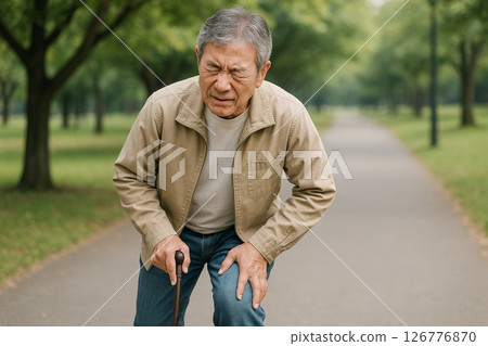 High resolution photo of a senior man standing with knee pain 126776870