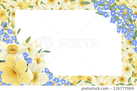 A frame of a floral arrangement of blue forget-me-nots and daffodils, a digital handmade illustration on a white background. An element for the design 126777069