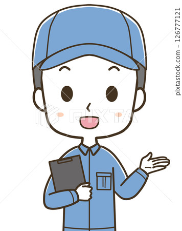 Upper body illustration of a young male worker guiding to the right Upper body illustration of a young male worker guiding to the right 126777121