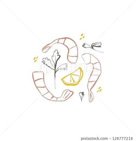 Hand drawn shrimps with lemon and parsley in playful line art perfect for seafood recipes and kitchen design projects 126777218