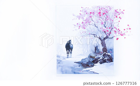 Horse standing in the snow, Generative AI, AI image 126777316