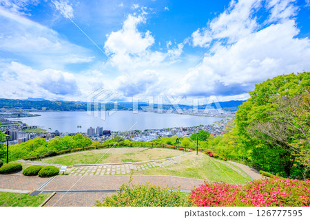 Lake Suwa seen from Tateishi Park in early summer, Suwa City, Nagano Prefecture 126777595