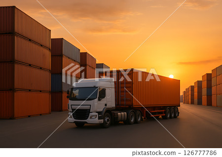 夕陽西下，貨櫃卡車靜候在碼頭，整潔的物流基地 126777786