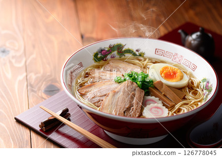 Steaming authentic pork noodles with boiled egg and naruto 126778045