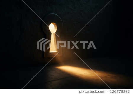 一線成功和希望的光芒透過牆上的鑰匙孔照進來 126778282