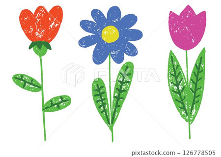 Crayon flowers vector illustration. Pastel and colored pencil hand drawn kids painting on white background. Cute daisy plants sketch. Children floral art 126778505