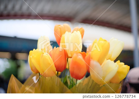 A bouquet of colorful tulips blooming under the spring sky 126778734