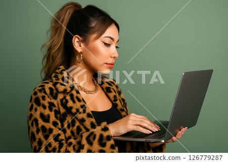 一位身穿豹紋服裝、操作筆記型電腦的時尚女孩的側面像 一位身穿豹紋服裝、操作筆記型電腦的時尚女孩的側面像 126779287