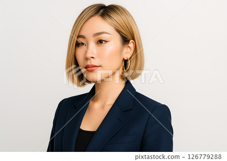 一位留著波波頭的金髮美女，身穿海軍藍西裝外套，展現出她精緻的形象 126779288