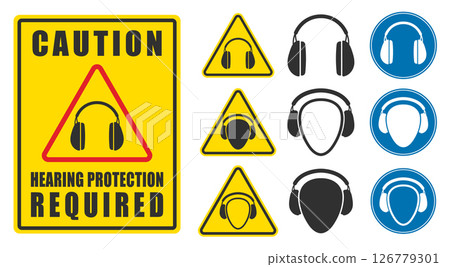 Hearing protection required ear muffs icon set. Ear safety sign, protective headphones symbol logo. Vector illustration image. Isolated on white background. 126779301