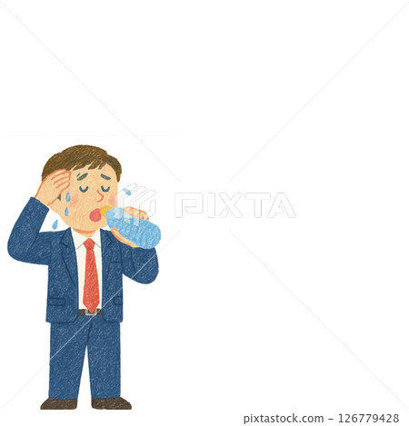 一名滿頭大汗的商人中暑並正在補水（方形橫幅） 126779428