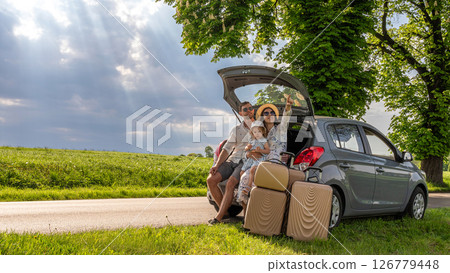 Child in car. Family vacation trip road. Seat travel freedom summer. 126779448