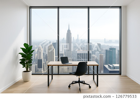 City views from a high-floor office and minimalist desk space 126779533