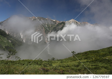 霧靄中隱現的白馬三山與雪原 126779597