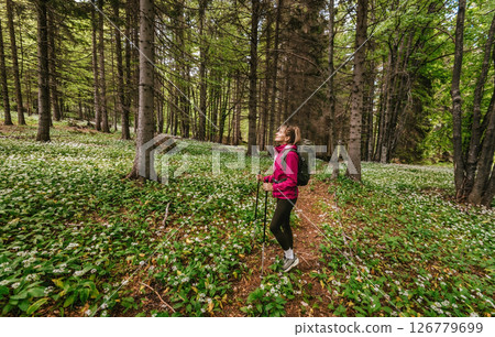 Woman Walking in Flowering Wild Garlic Forest Woman Walking in Flowering Wild Garlic Forest 126779699