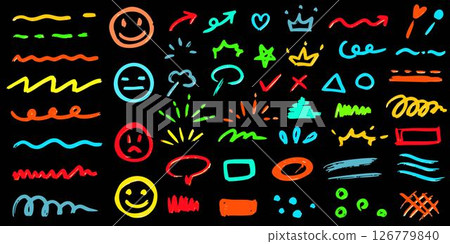 塗鴉紋理粉筆刷蠟筆線條圖示向量集手繪簡約黑色背景集 126779840