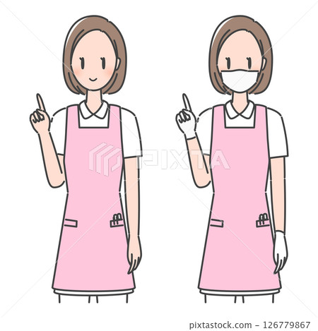 插畫素材：穿著圍裙的牙科保健師會進行解說與建議 / 牙醫助理、護理員、保育員（戴/不戴口罩） 126779867