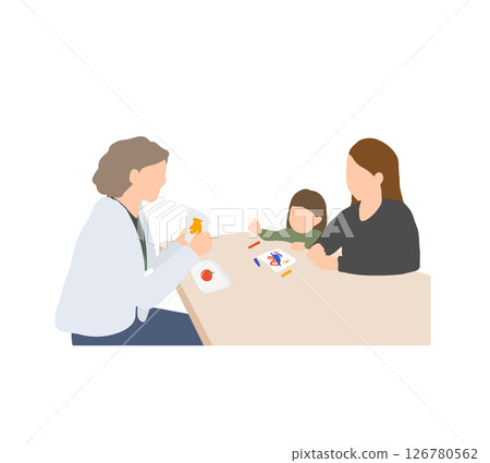 Illustration of a developmental support/therapeutic interview | A scene in which a supporter shows a picture card and a child shows interest (girl) Illustration of a developmental support/therapeutic interview | A scene in which a supporter shows a picture card and a child shows interest (girl) 126780562