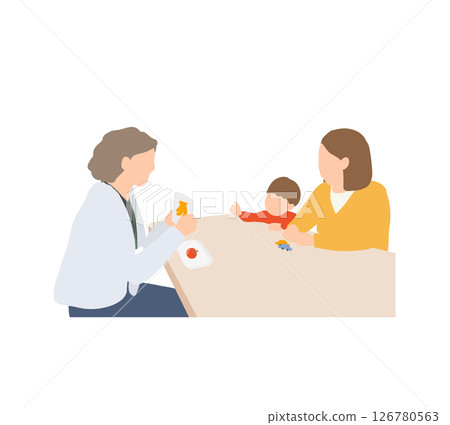 發展支持/治療訪談的例證|支持者展示圖片卡，孩子表現出興趣的場景（男孩） 126780563