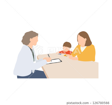 Developmental counseling interview illustration | A parent-child support scene in which the supporter listens attentively and the boy plays with toys 126780566