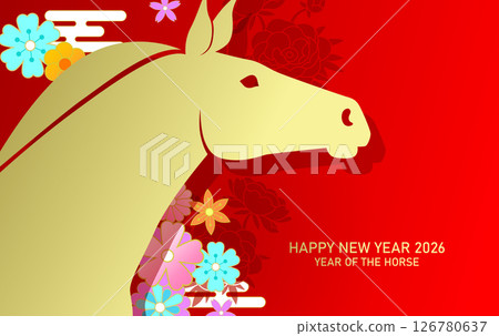 Zodiac horse portrait on flowers background 126780637