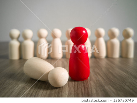 Wooden people figures on top of wooden blocks. Career growth, development and leadership Wooden people figures on top of wooden blocks. Career growth, development and leadership 126780749