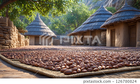 A rural scene where nuts are dried in the sun in the village square 126780824