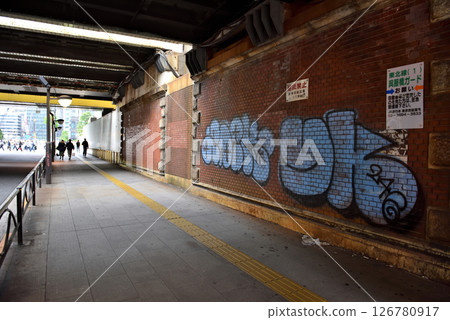 Guardrail crossing under the JR tracks in Marunouchi 1-chome towards Yaesu 126780917