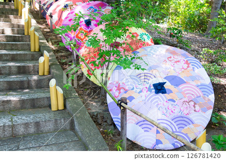 Colorful Japanese umbrellas displayed on the stairs Colorful Japanese umbrellas displayed on the stairs 126781420