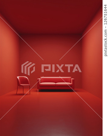 全紅色的房間。簡樸的椅子和沙發也全部都是紅色的。 126781644