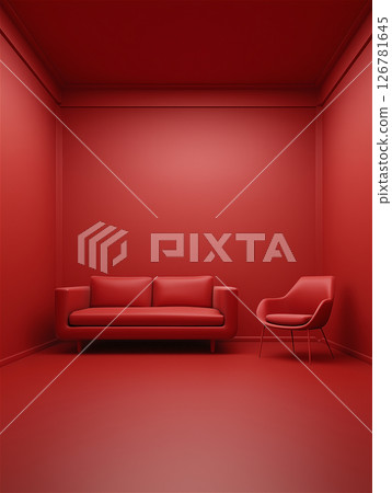 全紅色的房間。簡樸的椅子和沙發也全部都是紅色的。 全紅色的房間。簡樸的椅子和沙發也全部都是紅色的。 126781645