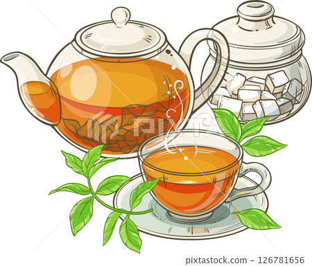 Cup of Tea, Teapot and Sugar Bowl Colored Detailed Illustration. Cup of Tea, Teapot and Sugar Bowl Colored Detailed Illustration. 126781656