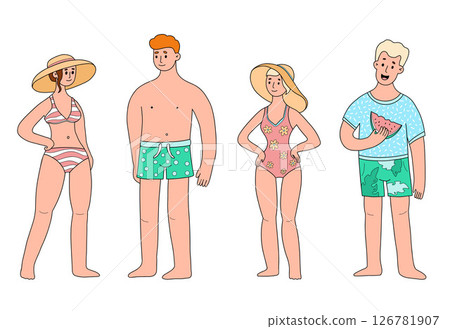 Cute People Beach set. Women in Swimsuits and sun hat and man with swimming trunks with watermelon. Isolated male and female Character on summer vacation. Vector illustration Cute People Beach set. Women in Swimsuits and sun hat and man with swimming trunks with watermelon. Isolated male and female Character on summer vacation. Vector illustration 126781907