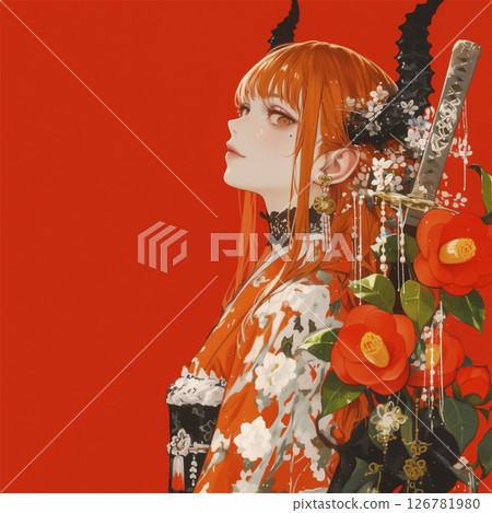 Horned demon girl holding a Japanese sword Horned demon girl holding a Japanese sword 126781980