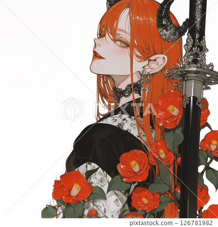 手持日本刀的角妖女孩 126781982