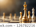 Golden king chess piece standing on chessboard symbolizing winning strategy 126782216