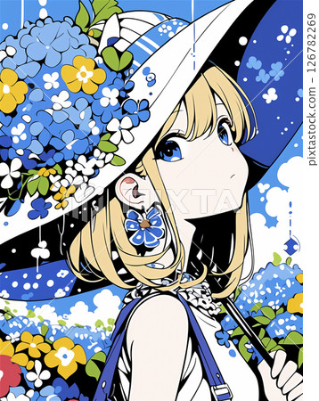 Illustration of a girl and hydrangea Illustration of a girl and hydrangea 126782269