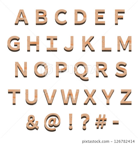 Set of wooden alphabets and symbols, white background, 3D production 126782414