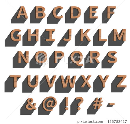 Set of wooden alphabets and symbols, white background, 3D production 126782417